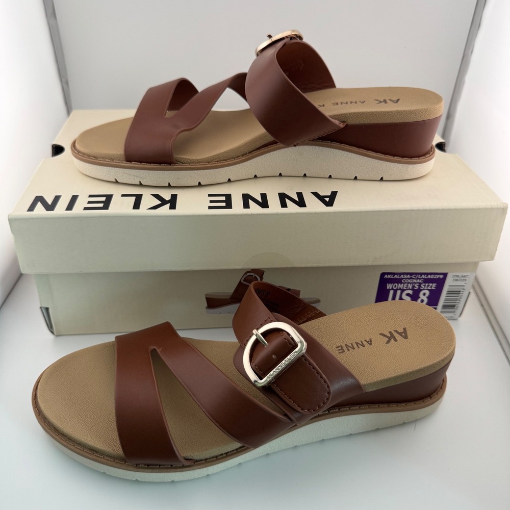 Anne Klein AK Lalasa Sandals Women 8 Cognac NIB Wedge Slide iFlex Comfort Brown